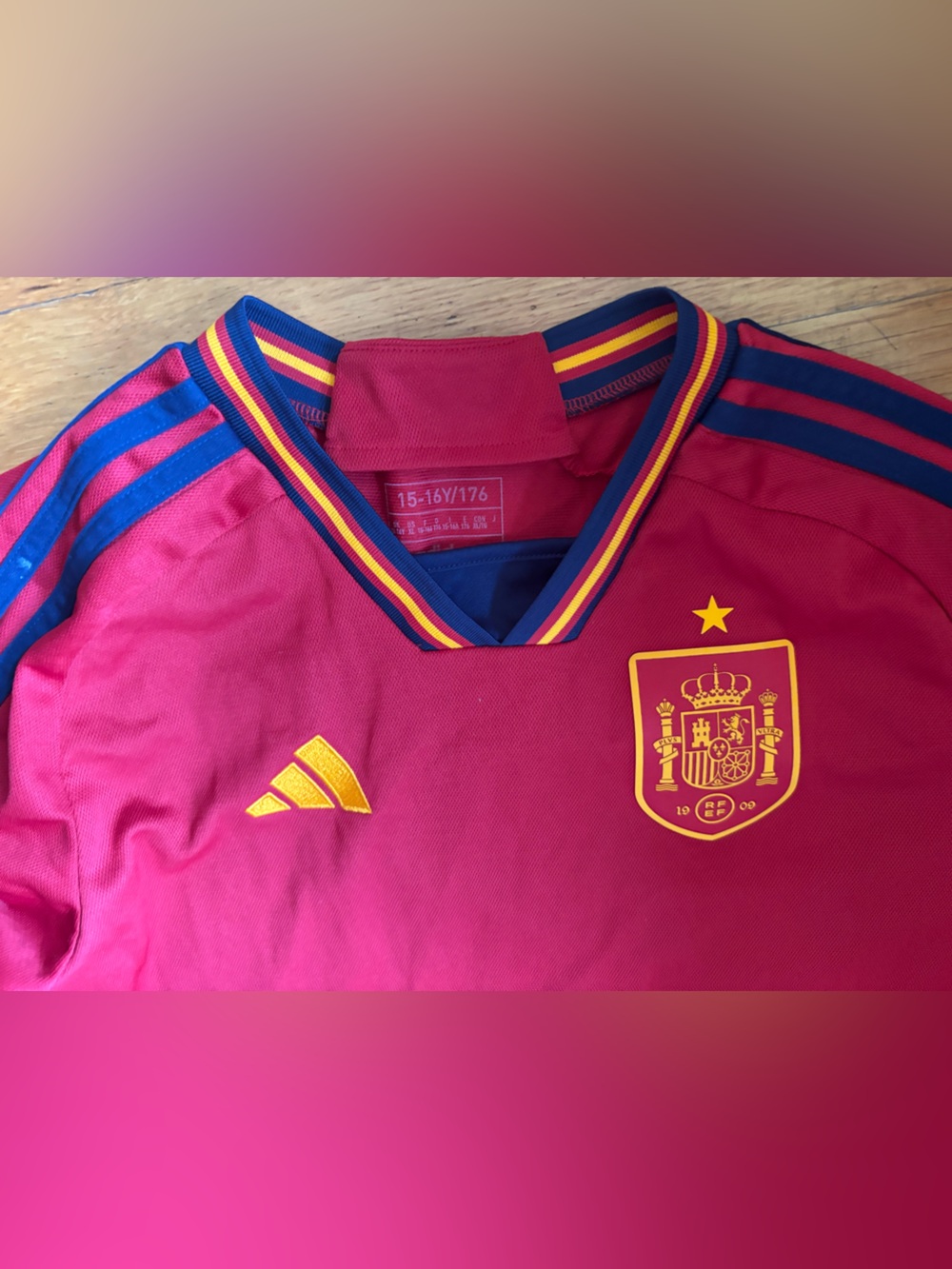Adidas youth Spain Soccer Jersey in Red with Blue & Yellow Accents
